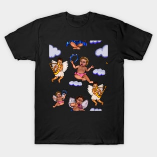 Orchestra of Curly haired Angels pattern in blue the cherubs are playing the tambourine, violin and harp - blissful Sun kissed curly haired Baby cherub angel classical art T-Shirt